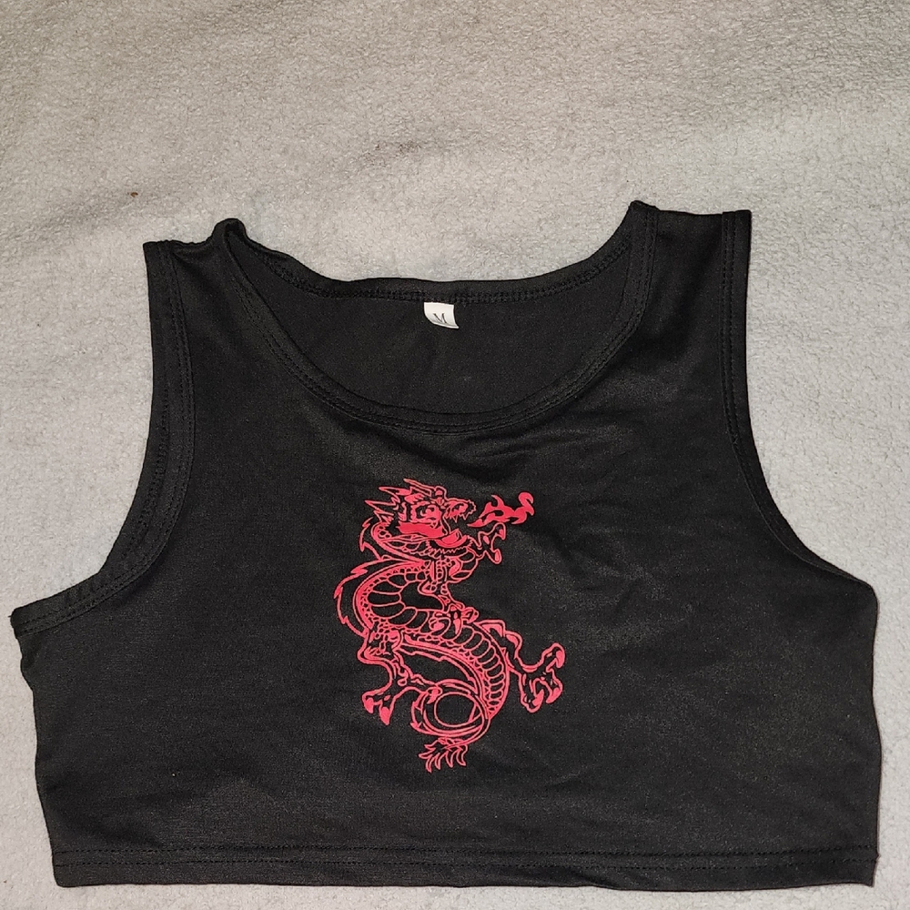 Black Crop Top with Red Dragon Design